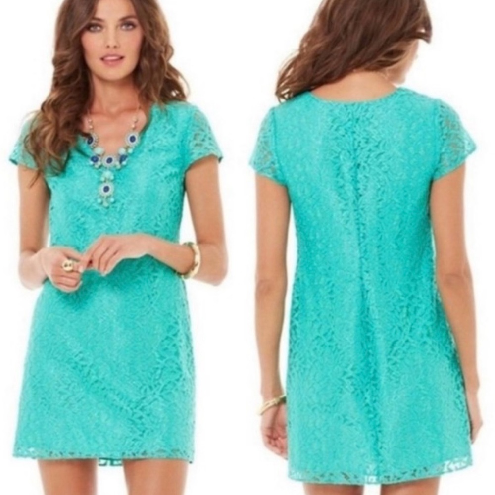 LILLY PULITZER Erica Dress Seafoam Metallic Green Jungle Lace Mini Coastal Large